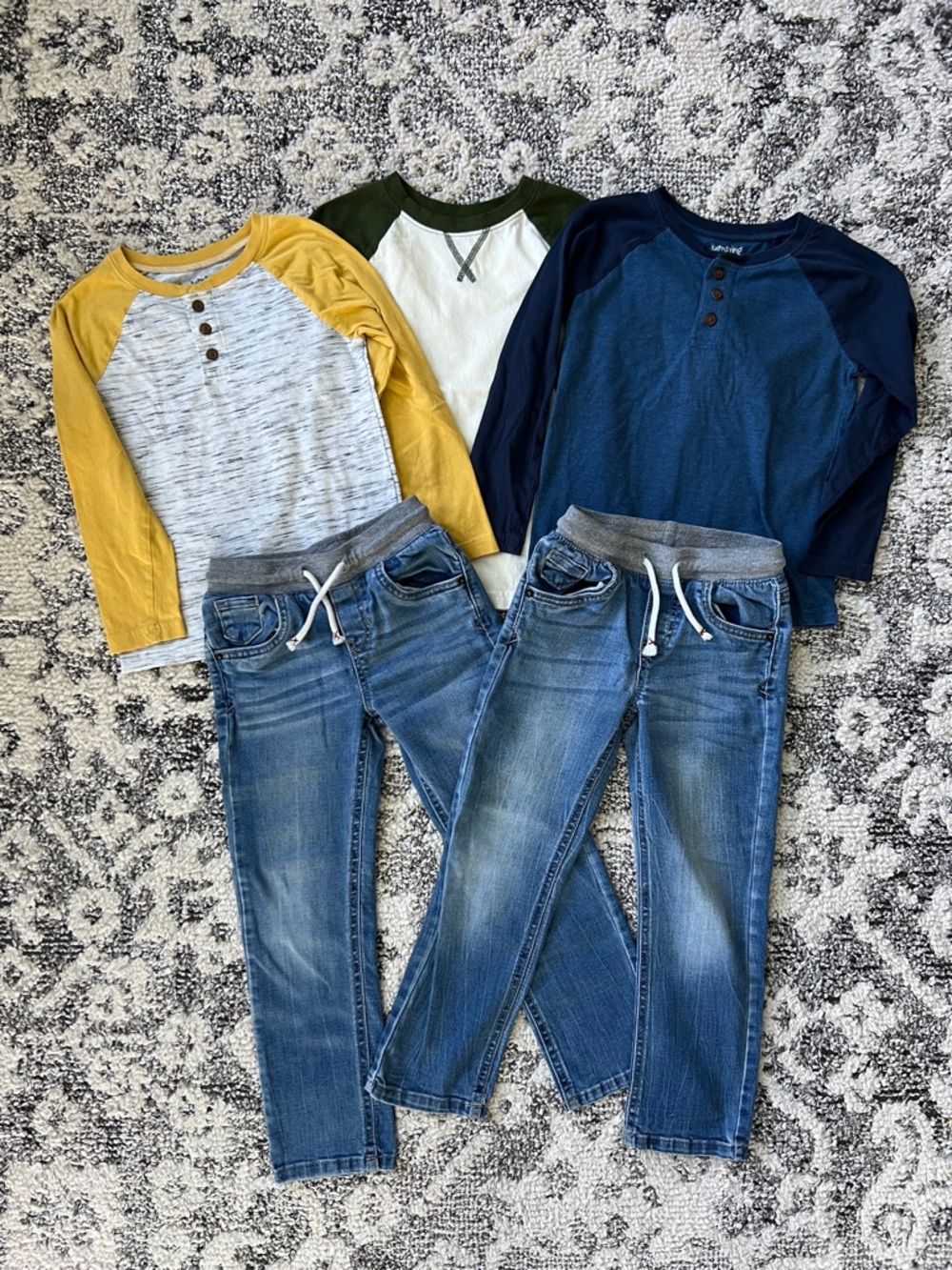 jumping beans Raglan Henley Tops and Denim Pants Set - Mustard, Olive, Navy